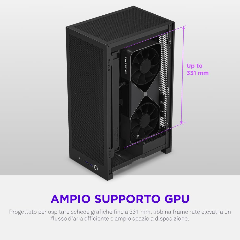 NZXT H2 Flow – Case per PC Mini-ITX da 20,7 litri ad alto flusso d'aria – Include 2 ventole superiori da 120 mm e cavo riser PCIe 5.0 – GPU da 331 mm – Radiatore da 280 mm – Nero