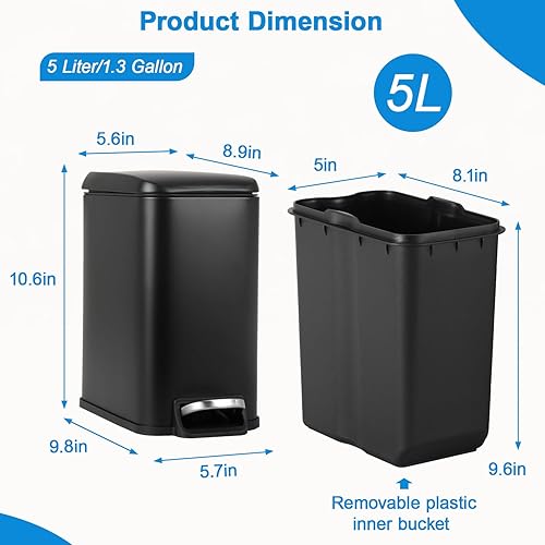 Miniatura 24 de FDW Cubo de basura pequeño de 1.3 galones de acero inoxidable para baño, con pedal, tapa interior de plástico extraíble para el hogar, cocina