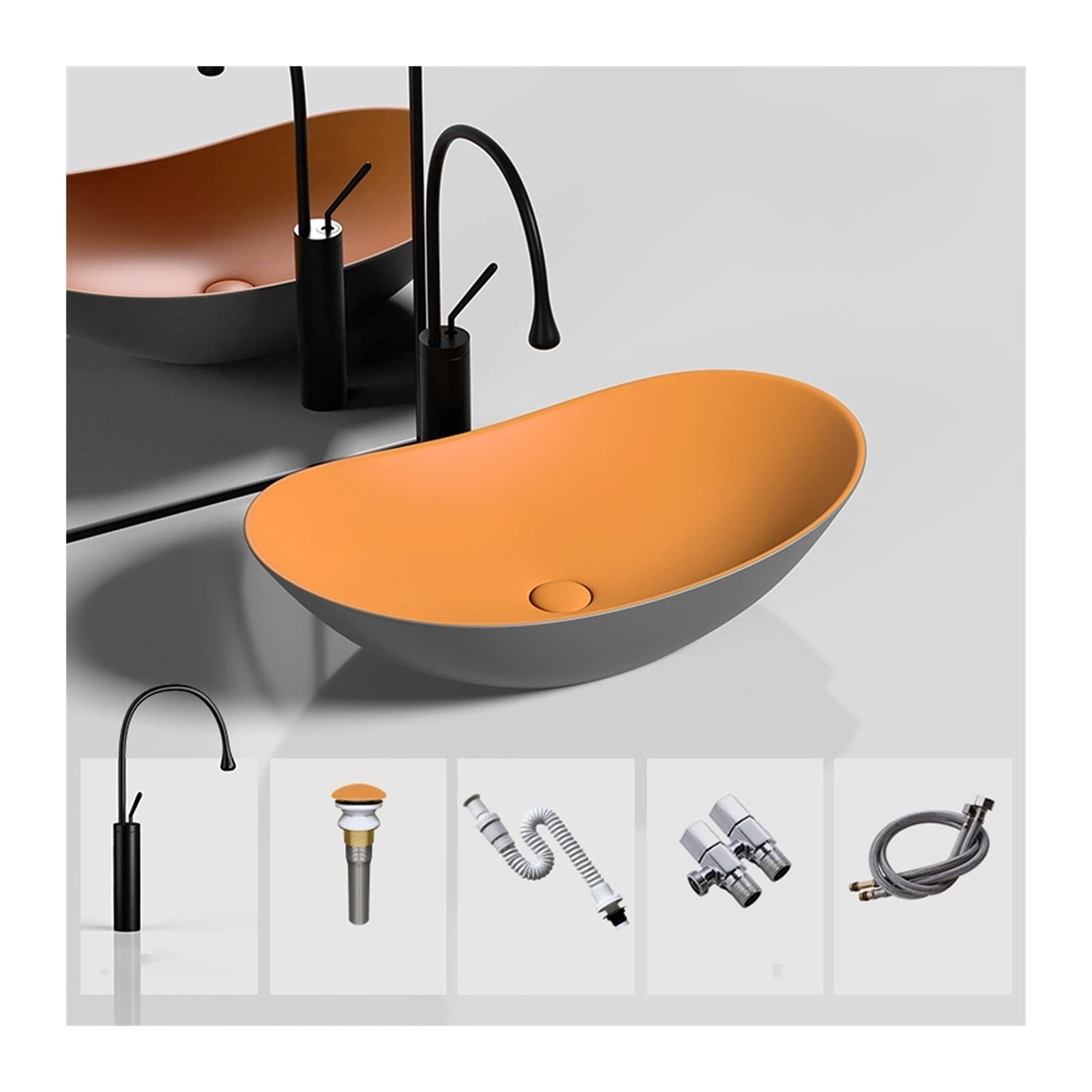 Hpthly Orange Bathroom Sink Oval Sink Ceramic Bathroom Sink, 20.4"X12.5" Overmount Ceramic Sink With Black Faucet And Pop-Up Drain Combo Vessel Sinks (Orange)