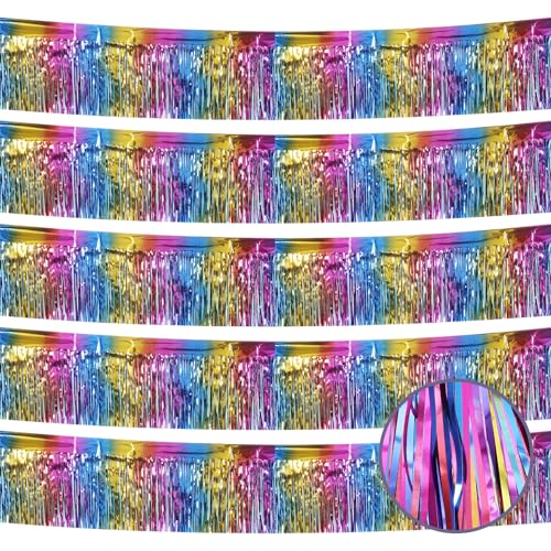 Image of 5 Pack 10 Feet Rainbow Fringe Garland Foil Fringe Garland Colorful Parade Float Fringe Metallic Streamers Tinsel Fringe Banner for Birthday Party Decor Halloween Christmas Decoration (Rainbow)