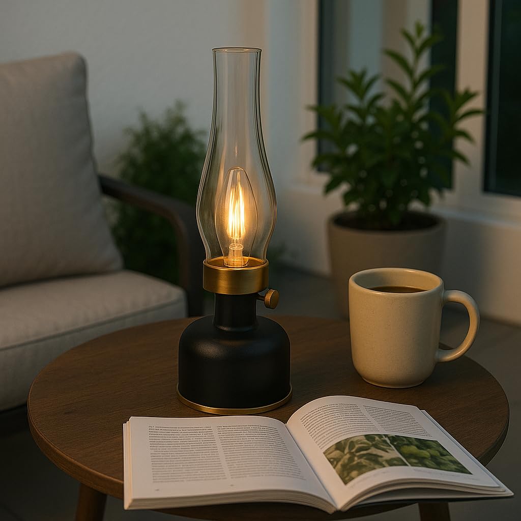 Lanterna da tavolo a LED a batteria, stile retrò, portatile, per esterni e interni, dimmerabile, resistente alle intemperie, IP44, per giardino, terrazza, balcone e campeggio, beige con dettagli