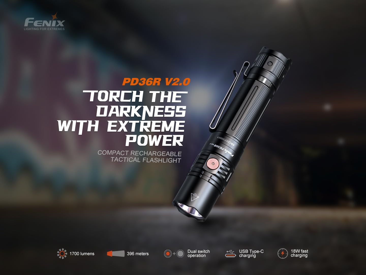 Fenix PD36R V2 Taktische Taschenlampe,LED Taschenlampe,1700 Lumen,396 Meter Leuchtweite,Starker Lichtblitz,USB-C Aufladen,Lange Akkulaufzeit,IP68 Schutz