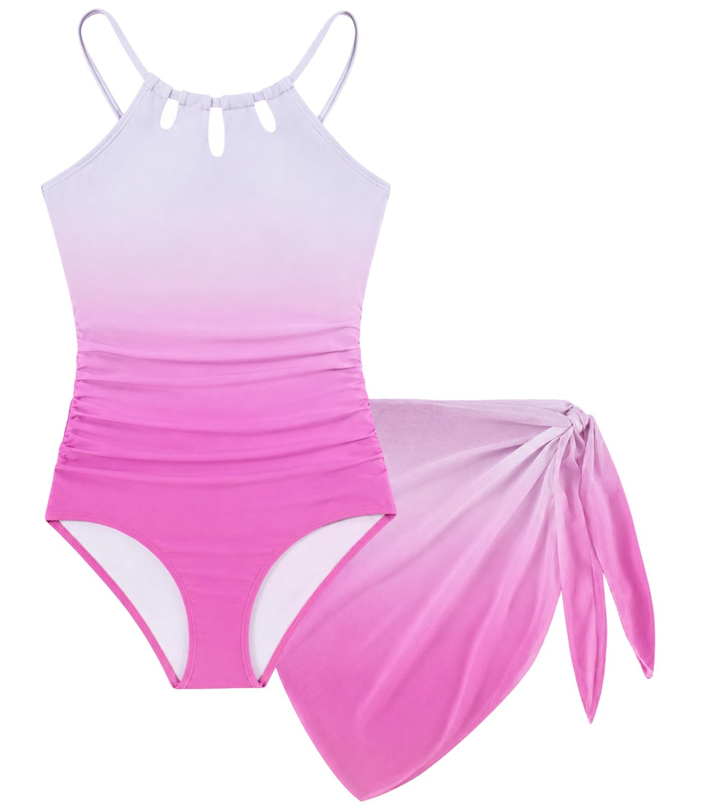 Girls One-Piece Swimsuit Bathing Suit with Cover Ups Size 7-16 | Adjustable spaghetti straps,Cut-out design, Removable chest pads, Swimwear for the beach, swimming pool, Hawaiian vacation