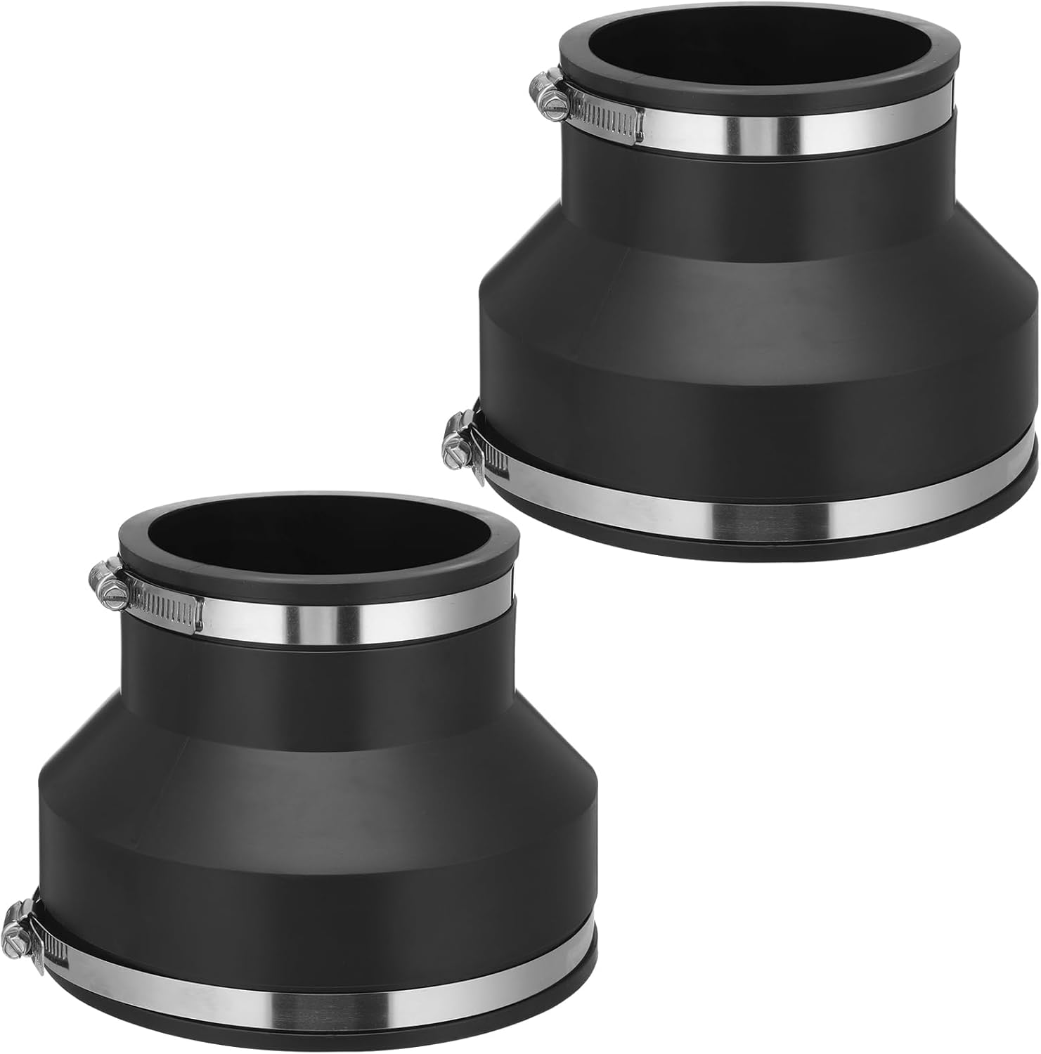 2 Pcs 6" x 4" Flexible PVC Reducing Pipe Coupling with Stainless Steel Clamps Fits for DWV Pipes, Cast Iron, Plastic, Copper, Steel Plumbing Connections