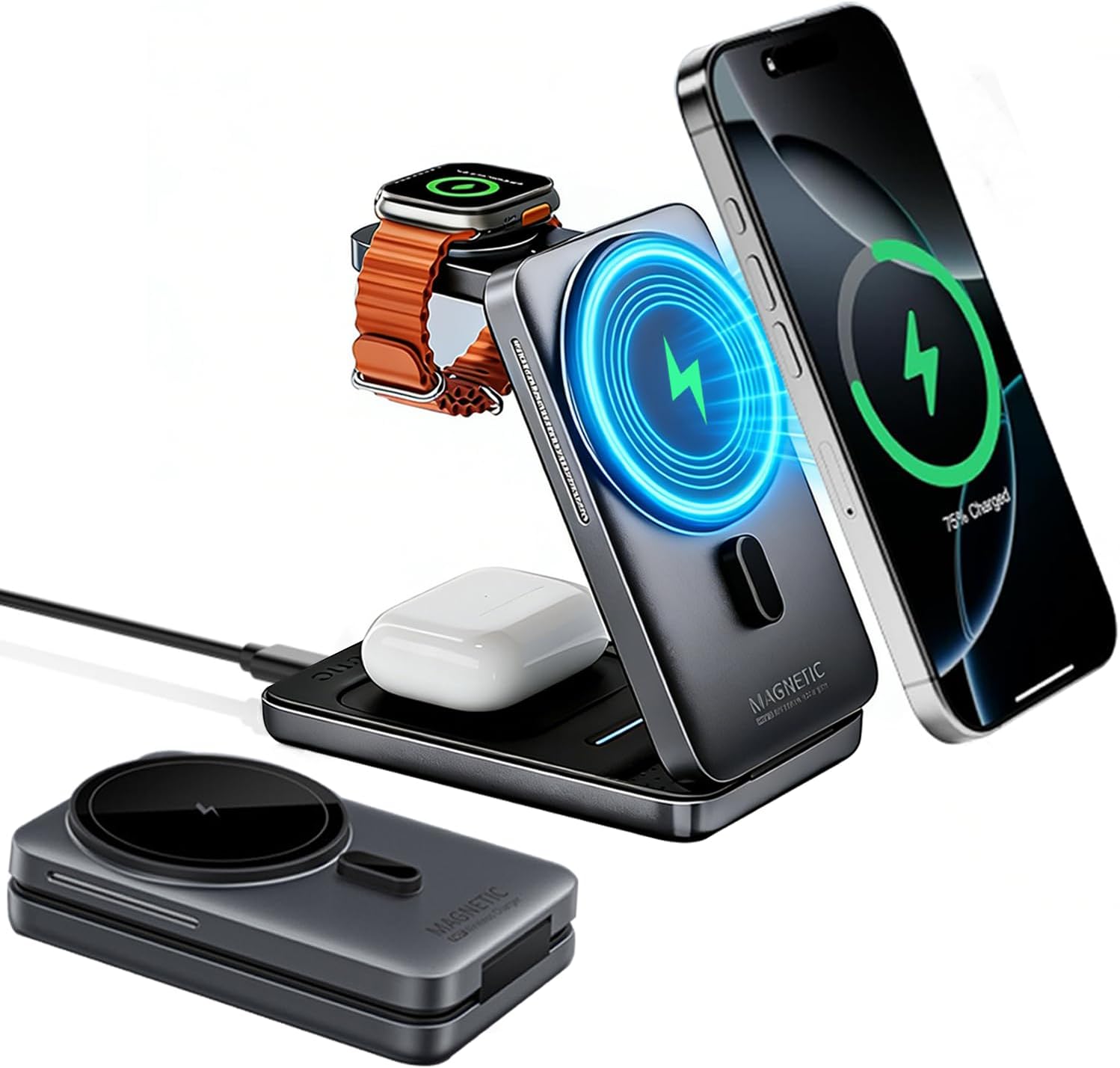 3 in 1 Wireless Charging Station for Apple, Portable Wirelessly Charger Compatible with iPhone 17 16 15 14 13 12 - Watch 10 9 8 7 6 5 4 3 2 SE and Ultra Series - Airpods 4 3 Pro