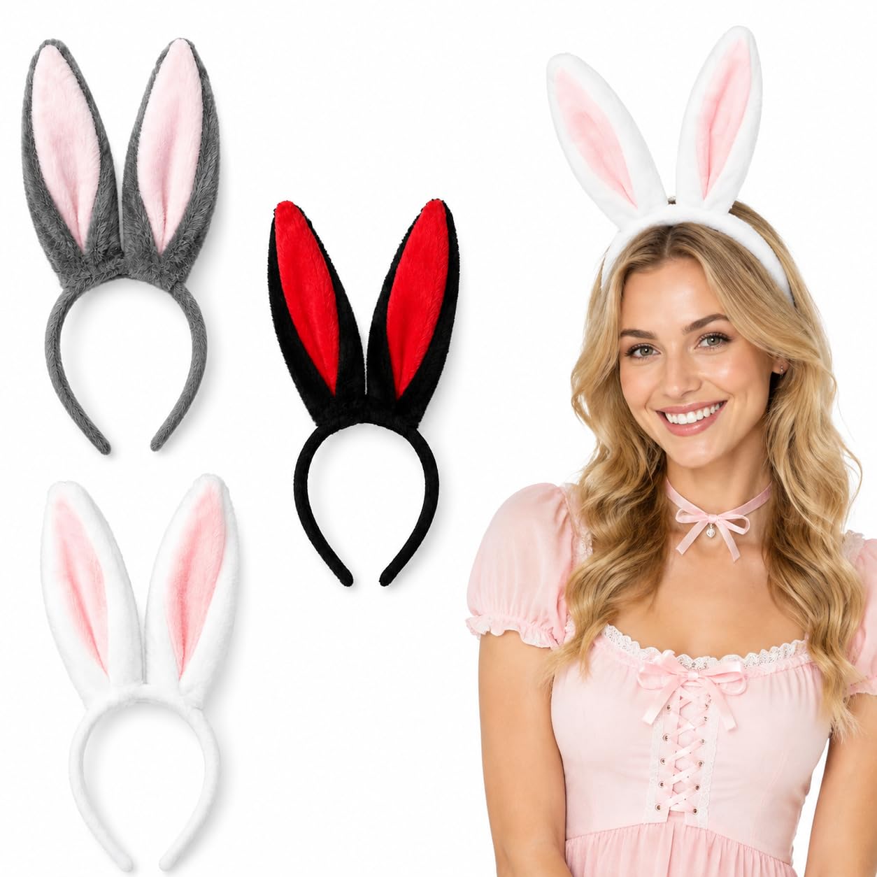 BAGUBDR 3PCS Bunny Ears Headband, Grey White Black. Cos Costume Accessories, Animal Theme Party Wear, Easter Celebrations, Fashion Headpieces, Young Women Accessories