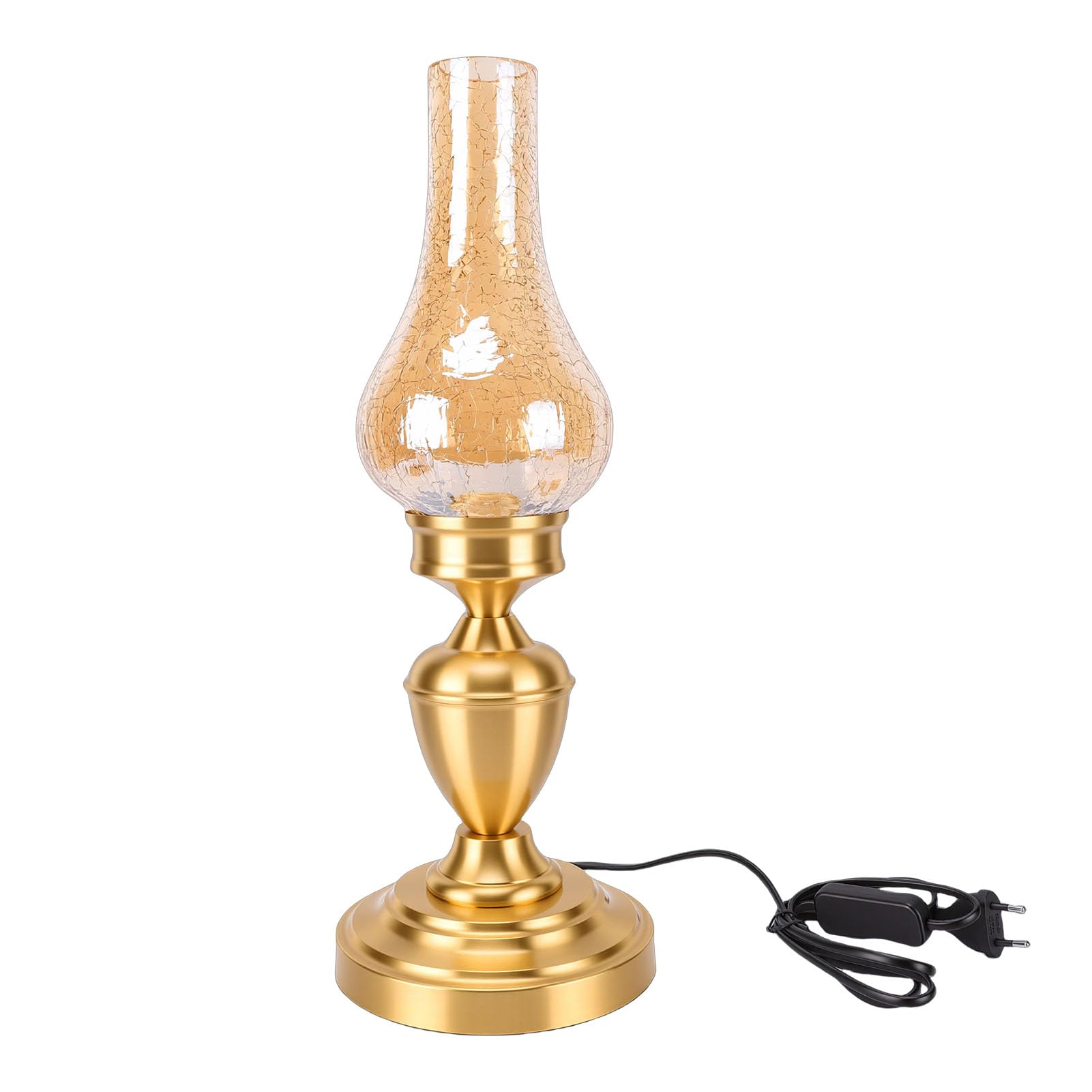 Hyuduo Stołowa W Stylu Vintage, Podłączana Rustykalna Lampka Nocna W Wiejskim Stylu Retro z Popękanym Szklanym Kloszem, Podstawa E27 Miedziany Słupek W Antycznym do Sypialni (wtyczka UE 220V)
