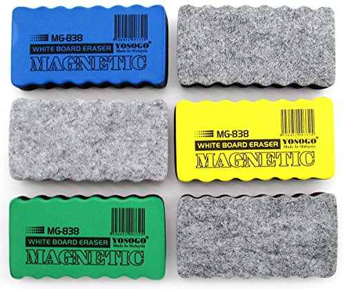 Yosogo Magnetic Whiteboard Erasers – Pack of 6 Assorted Colors (Red, Blue, Yellow, Green) – Lightweight Dry Erase & Chalkboard Erasers, Eco-Friendly, Classroom & Office Use
