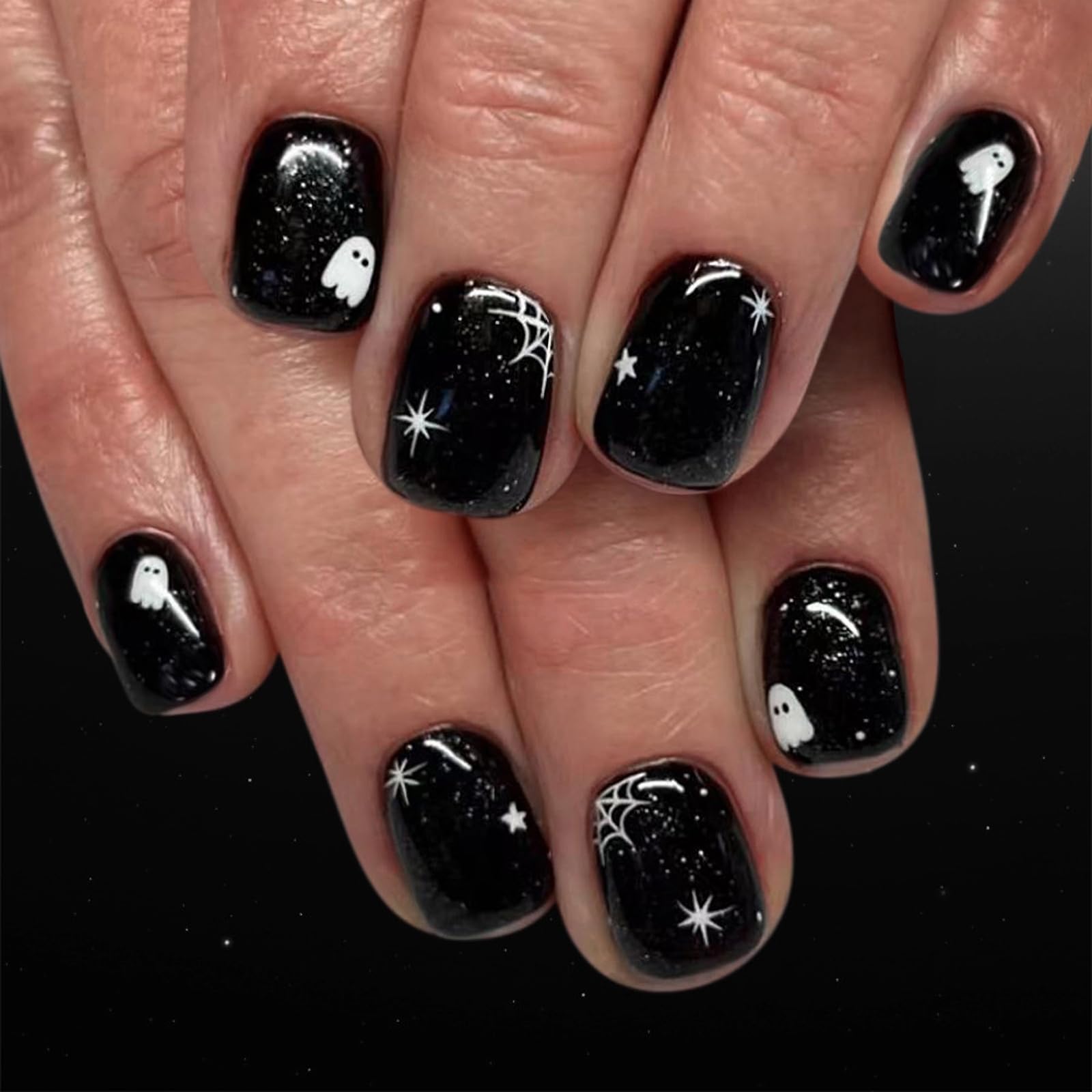 MISUD Press on Nails - Short Square Fake Nails with Goth Black, Acrylic Halloween Ghost Spider Design 24 pcs