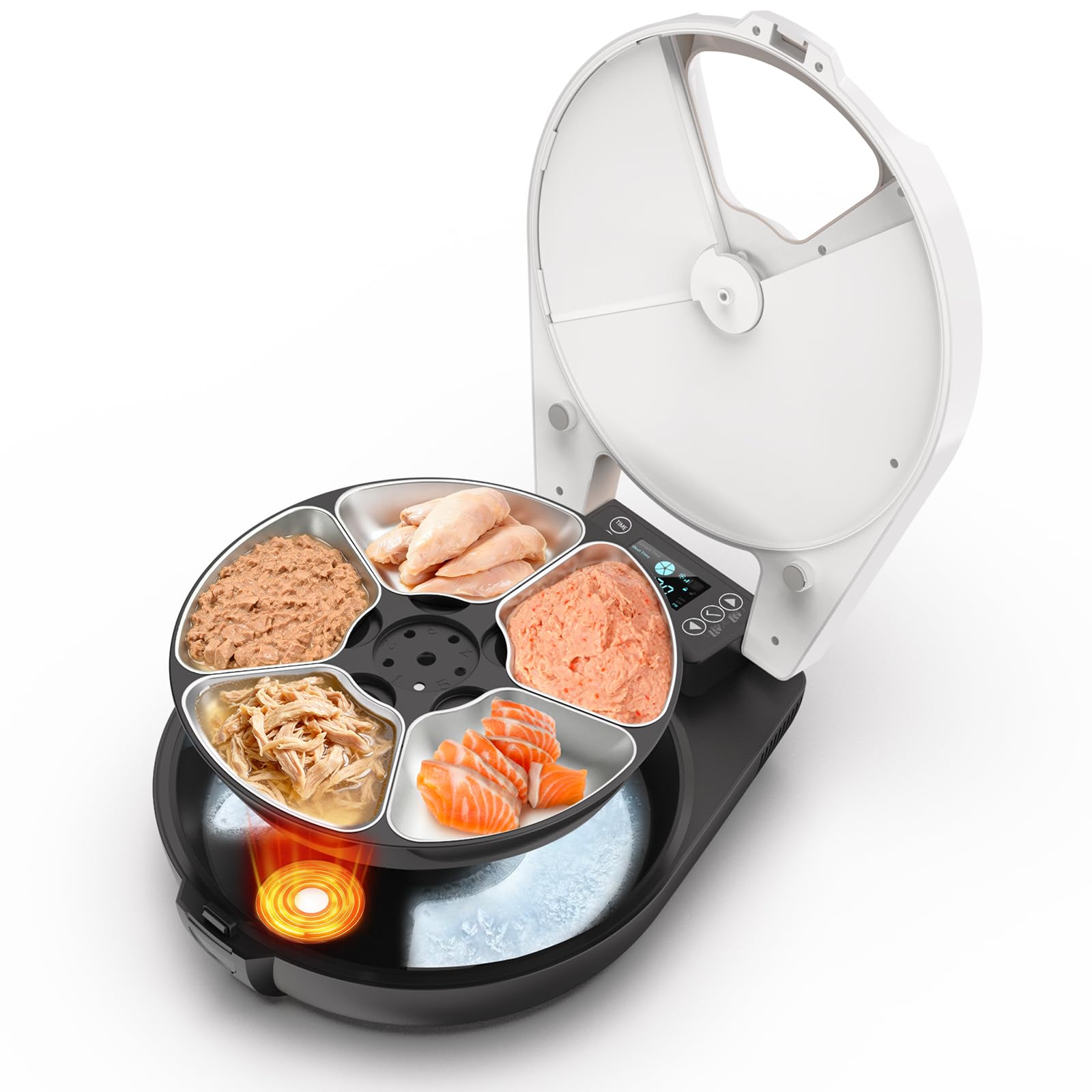 Comedero Gato Automatico Comida Humeda, 5 Comidas Frescas para 3 DíAs, Sistema De Refrigeración Y Calefacción por Semiconductores, Recipiente de Acero Inoxidable 304, Dispensador Programable Gatos
