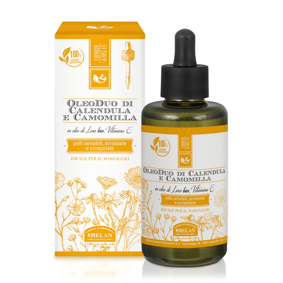 Helan I Rimedi - Massage Oil with Vitamin E, Calendula, Linseed Oil & Chamomile Essential Oil - Dual Body Oil for Sensitive, Reddened & Cracked Skin, Rapidly Absorbed, Non-Greasy - Made in Italy 100ml