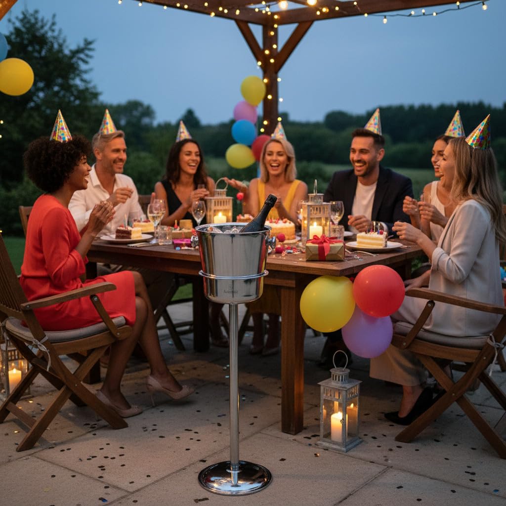 Tower | Champagnerkühler mit Standfuß aus Edelstahl | Freistehender Flaschenkühler, spiegelpoliert | Isolierter Kühler mit Säule | Eleganter Weinkühler für Events & Gastronomie