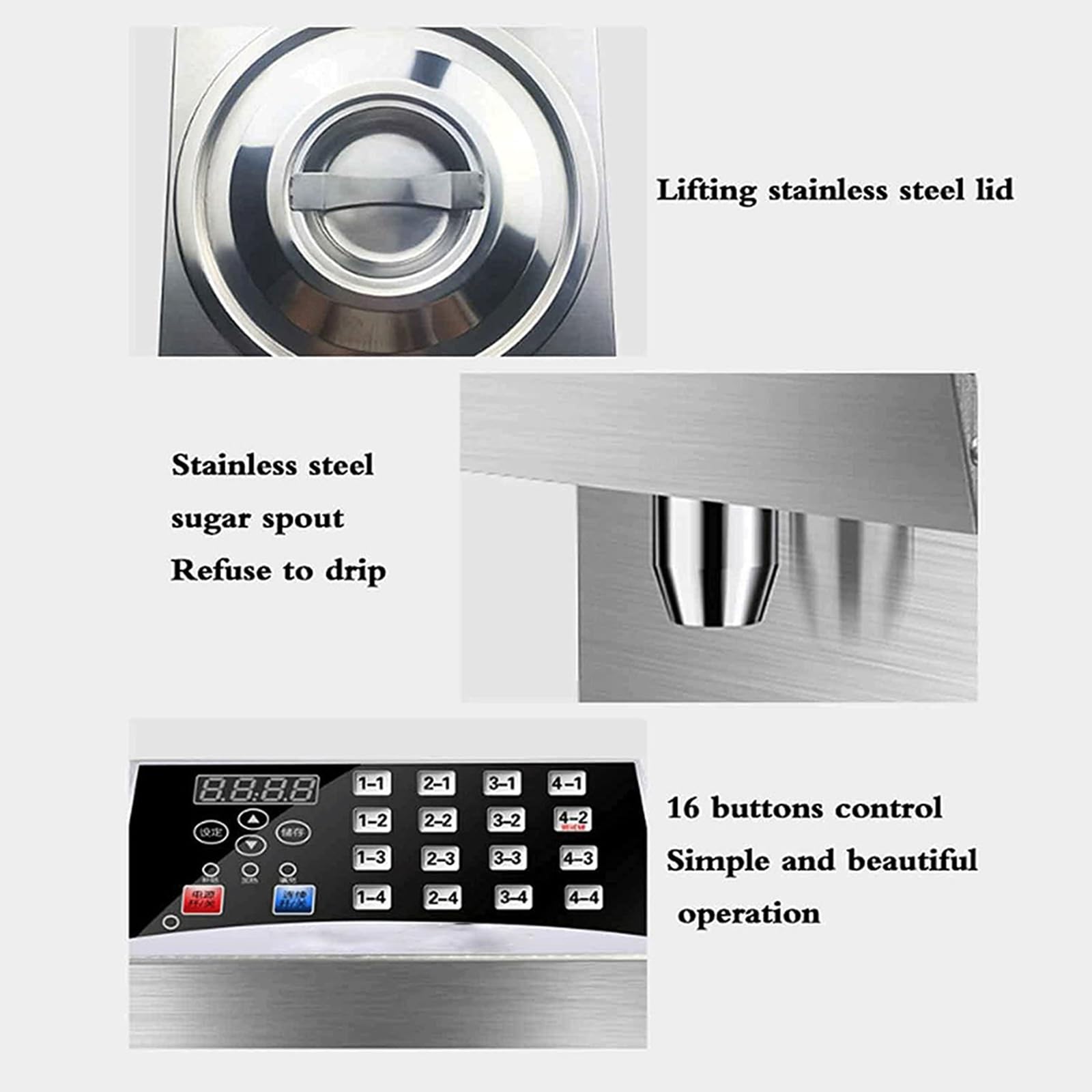 Distributeur de sirop de 8 litres, distributeur de sucre de fruits 400 W, distributeur de sucre de fruit en acier inoxydable, distributeur de sirop avec 16 boutons mémoire, pour desserts, thé au lait