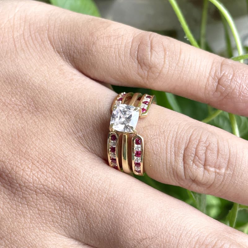 Enhancer Ring, 14K Gold Finish Round Cut Red Ruby & White Diamond Enhancer Guard Band for Women, Diamond Enhancer Ring