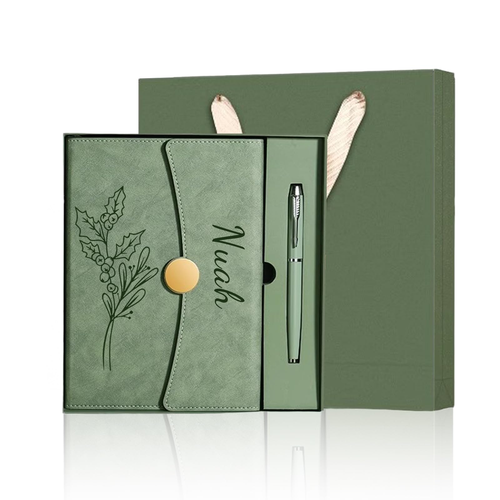 Personalized Notebook with Engraved Name & Birth Month Flowers โ Premium Faux Leather Classic Journal for Birthday, Graduation, Christmas, 200 Numbered Pages, 15 x 21 cm (Green with gift box)