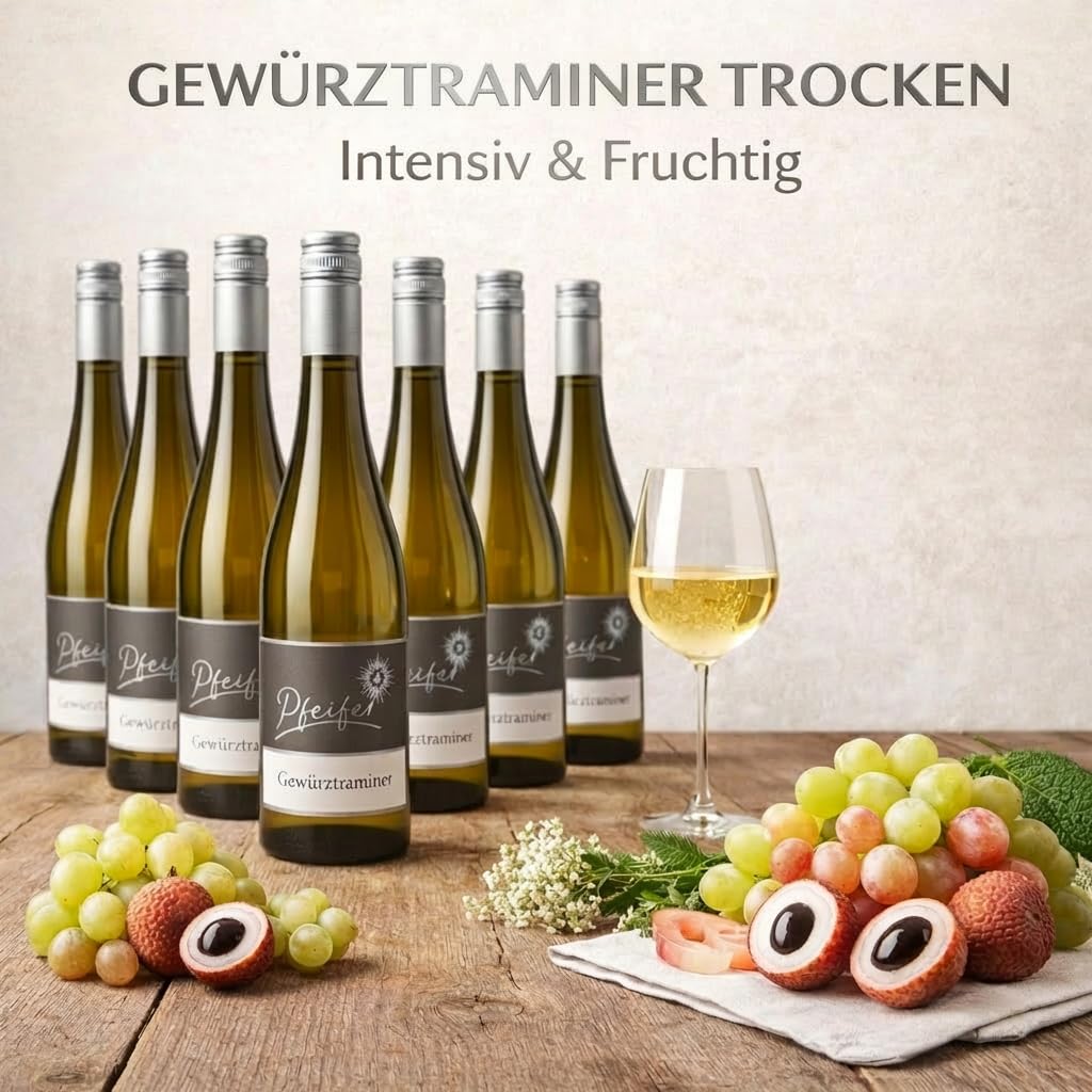 Gewürztraminer Trocken Weißwein 6x 0,75L – Trockener Weißwein Frisch & Aromatisch – Wenig Restsüße (5,4 g/l) – Perfekt zu Fisch, Geflügel & Asiatischer Küche – Eleganter Speisebegleiter