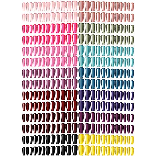 336 Pieces Long Coffin Ballerina Nails Colorful Press on Nail Tips Solid Color Artificial Fingernails Glossy Full Cover False Nails for Women and Girls DIY Nail Art 14 Colors 14 Sets
