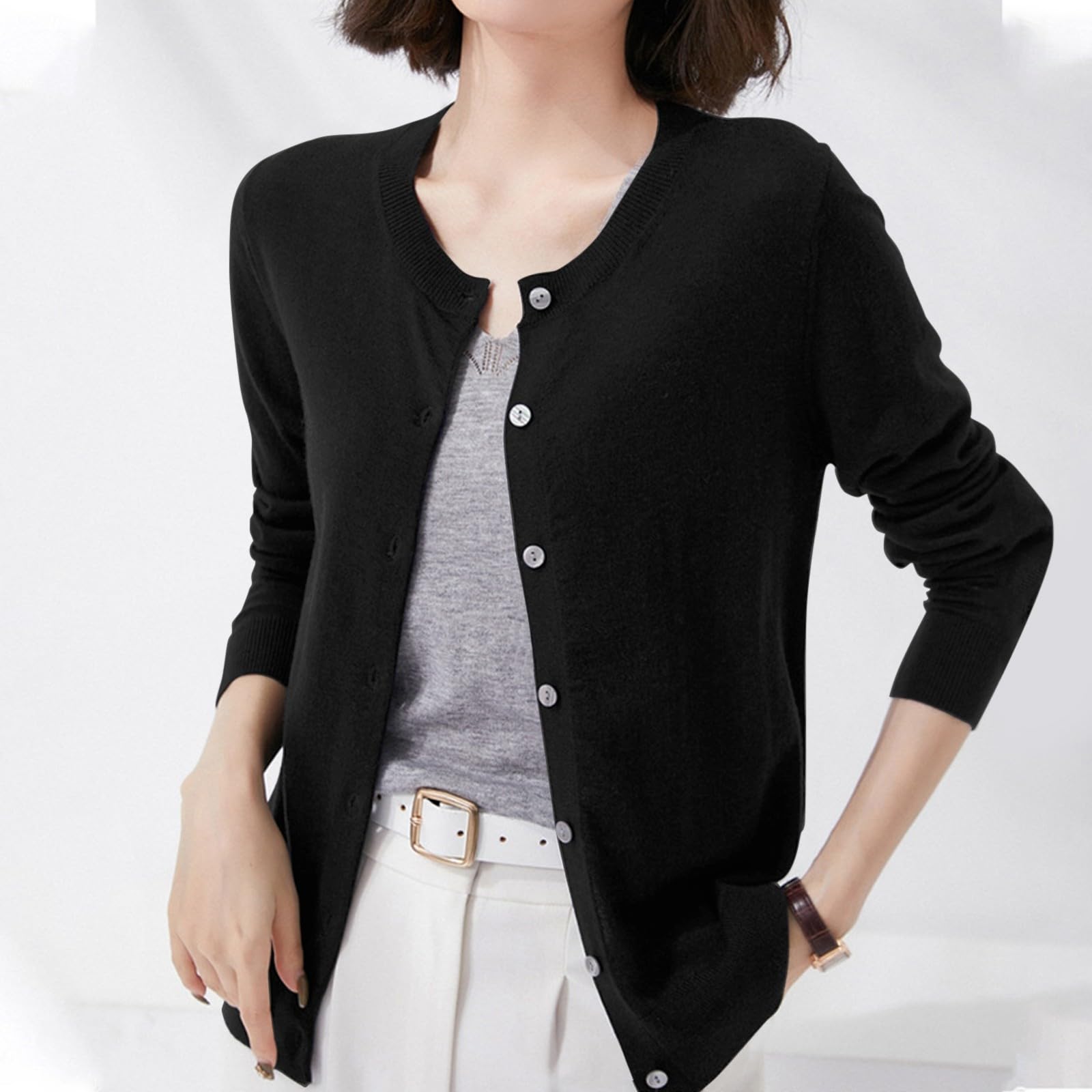 Generisch Cárdigan de punto para mujer, ligero, corte ajustado, chaqueta de punto de manga larga con cuello redondo y parte delantera abierta