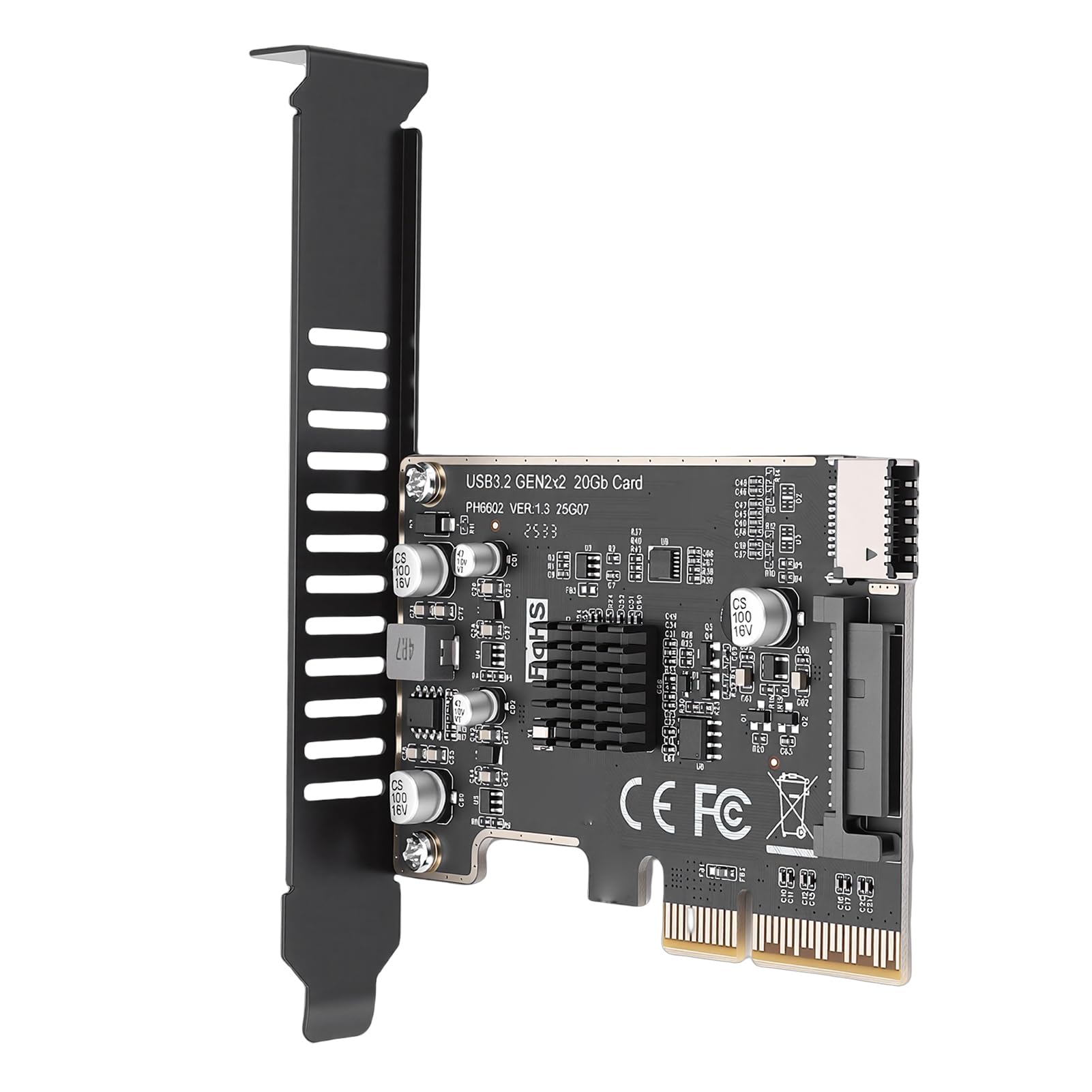 Karta rozszerzeń PCIe PH6602 na USB 3.2 Gen 2x2, Adapter Przedniego Gniazda 20 Gb/s Typu E z Kluczem A, Wewnętrzny Konwerter Typu C z 15-pinowym Złączem Zasilania SATA ASM3242