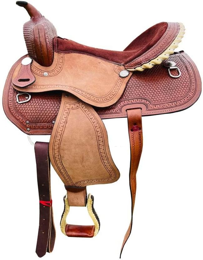 Leather Barrel Racing Western Horse Saddle Handmade Premium Custom Cowboy Cowgirl Pleasure Comfort Trail Tack Equestrian Tooled Carved Pony-Adult Saddle for Riding Size: 10-18 inch Seat, MO-02