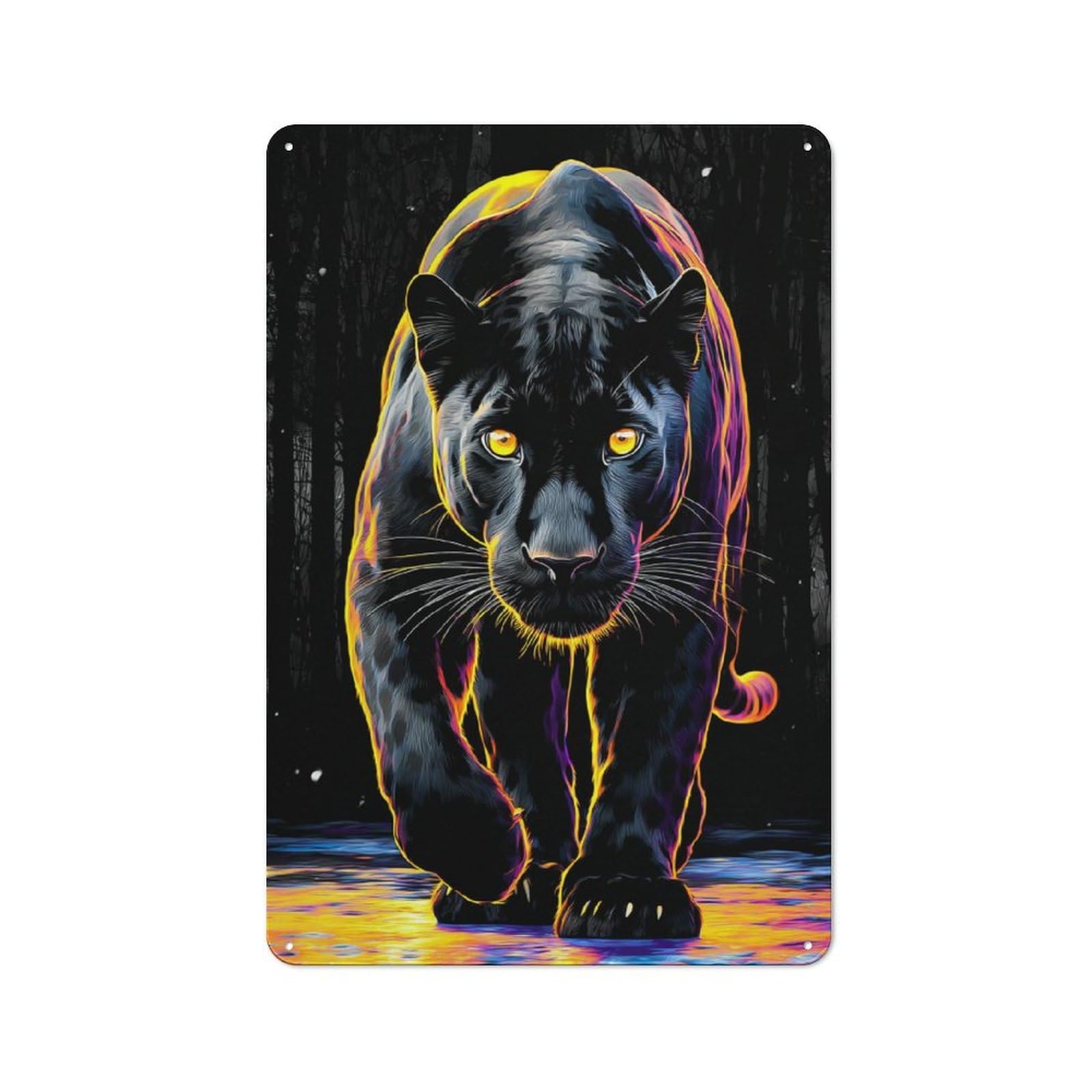 Junmoney Neon Panther In The Night Rustic Metal Plaque 30X20cm For Hobby Room Or Studio, For Creative Interior Collectors