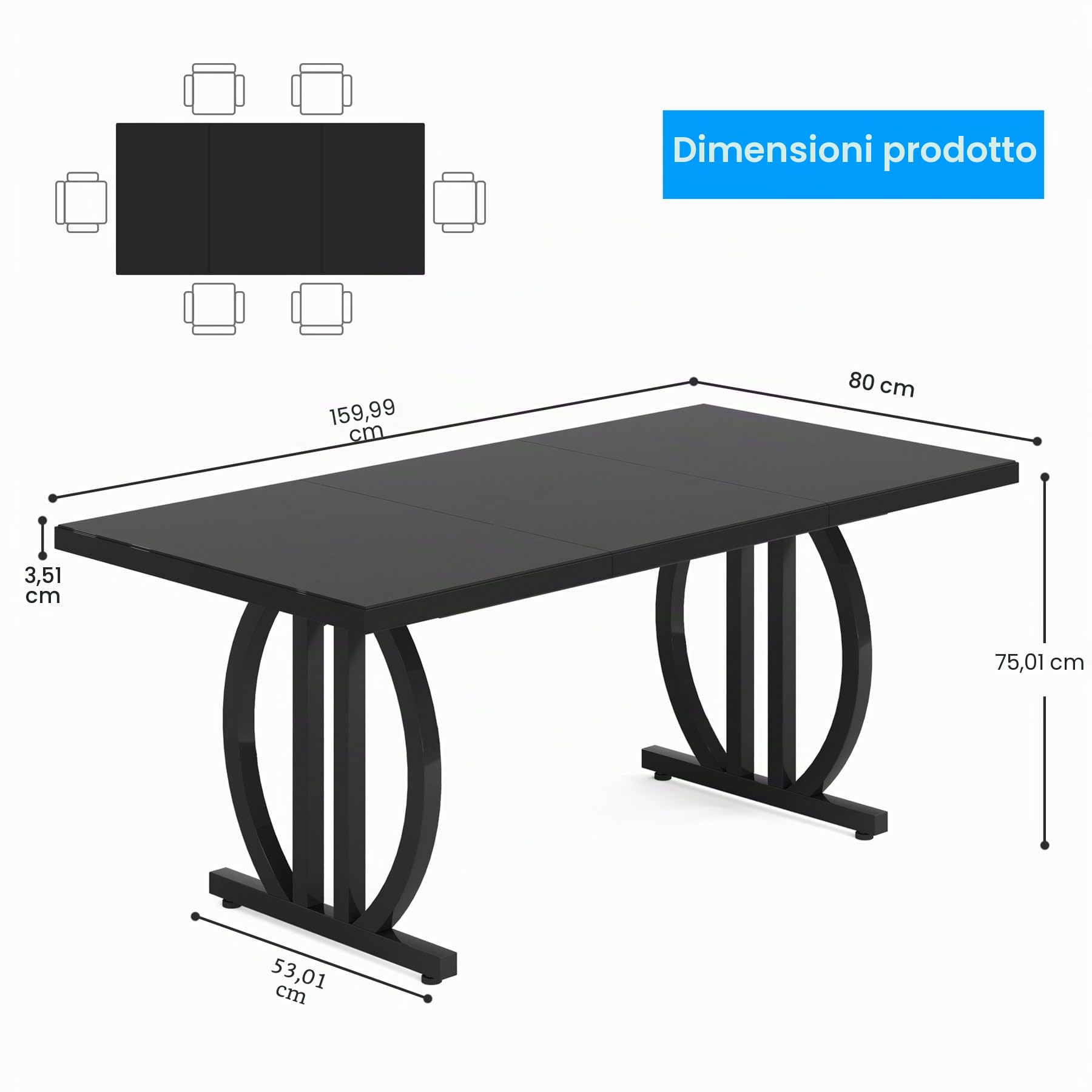 Tribesigns Tavolo da pranzo nero per 4-6 persone, tavolo rettangolare da 150 cm con struttura in metallo resistente