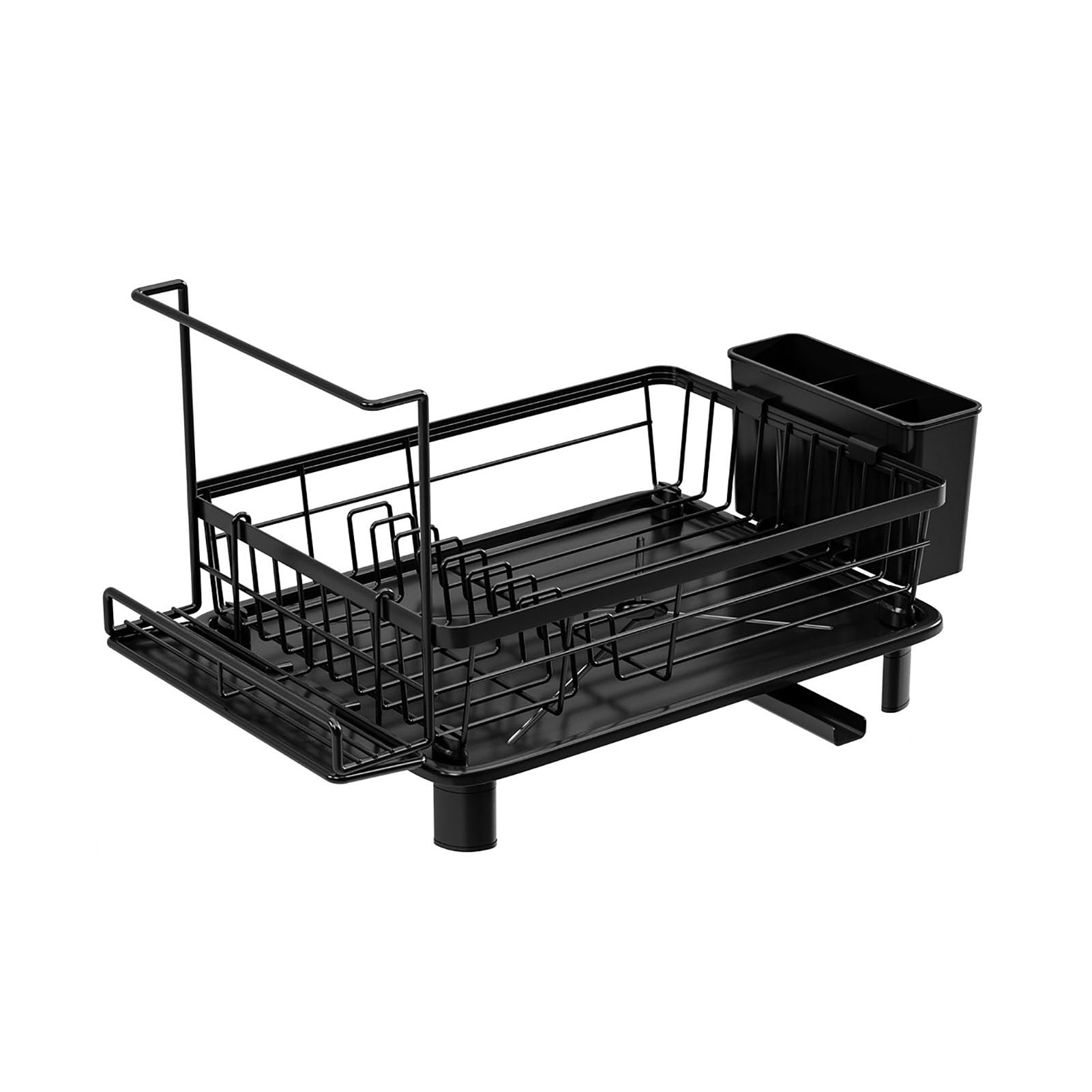 TBATM Dish Drying Rack with Optional Towel Bar, Rustproof Carbon Steel Kitchen Dish Rack with Utensil Holder & Pull Out Drain Tray for Countertop Sink Side Storage,Black,with Towel Rack