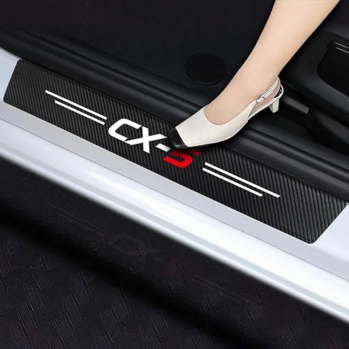 4 protectores de umbral de puerta de automóvil compatibles con Mazda CX-5, accesorios de automóvil, fibra de carbono, de cuero texturizado, adhesivo