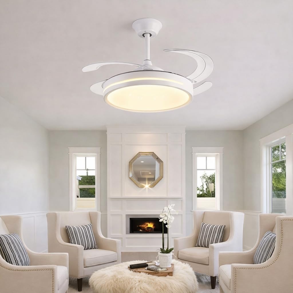 Generico Ventilatore da Soffitto con Luce LED, Pale Retrattili 120 cm, Telecomando Incluso, 3 Temperature Luce, 6 Velocità, Timer, Design Moderno per Soggiorno Camera da Letto