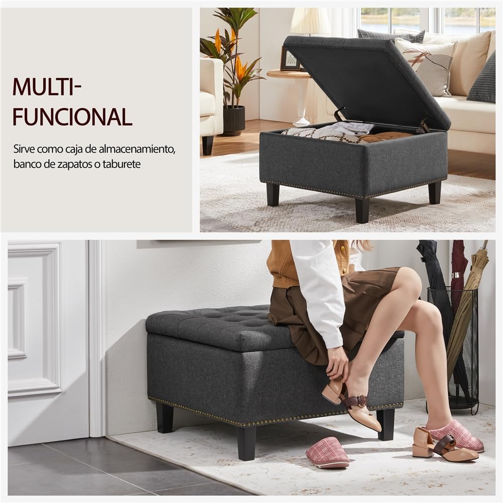 Yaheetech Banco Almacenaje Otomana Puff de Dormitorio Sala de Estar Gris | Banco de Pie, Entrada con Almacenamiento, 70X70X45 cm, Banco con Pata Madera