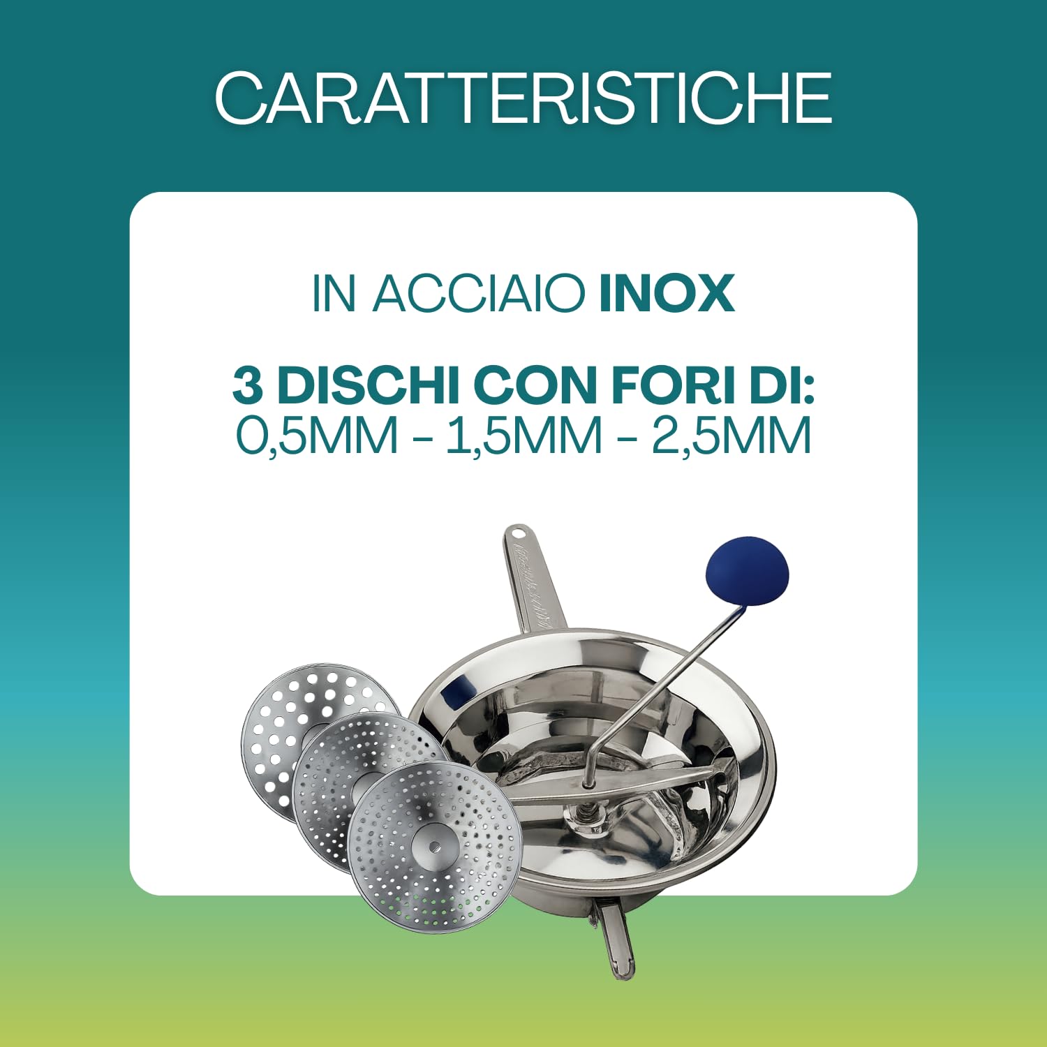 Virsus Passatutto in acciaio inox 18/10, DIAMETRO 24cm, 3 Dischi in dotazione, passaverdure manuale antiruggine per schiacciare patate, verdure, legumi, zuppe, salse, pomodori, Made in Italy