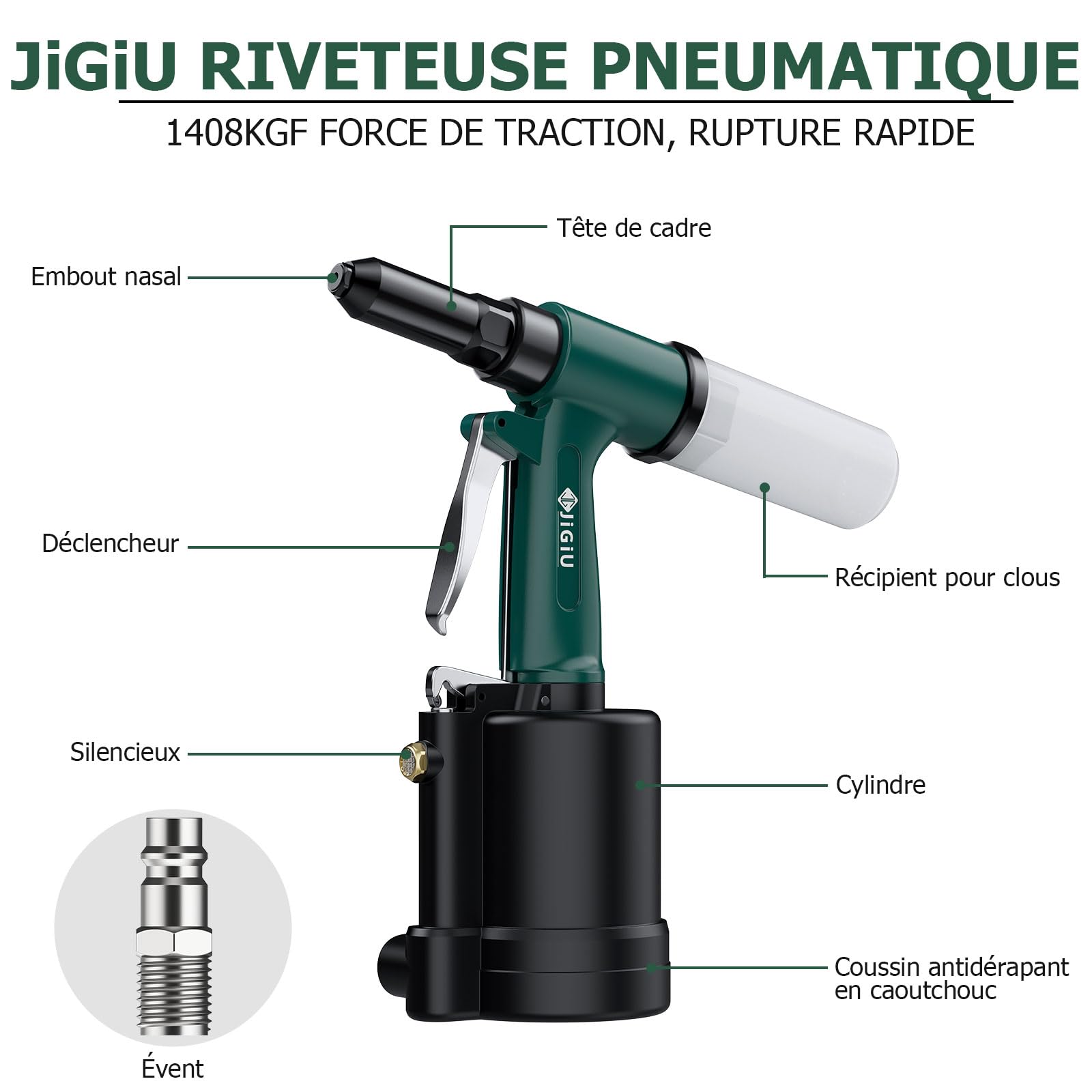 JiGiU Riveteuse Pneumatique 1408KGF avec 4 Buses 2,4 à 4,8mm | Pistolet à Rivets Pneumatique Robuste et Professionnelle, pour Atelier, Voiture, Réparation, Construction, Industrie
