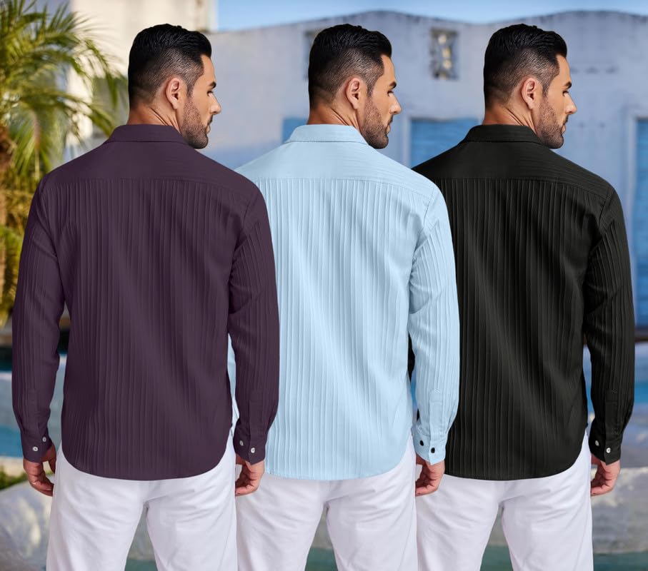 Image of FINIVO FASHION Combo of Men's Casual Cotton Plain Button Down Shirt Long Sleeve Textured Summer Beach Shirt for Men Pack of 3