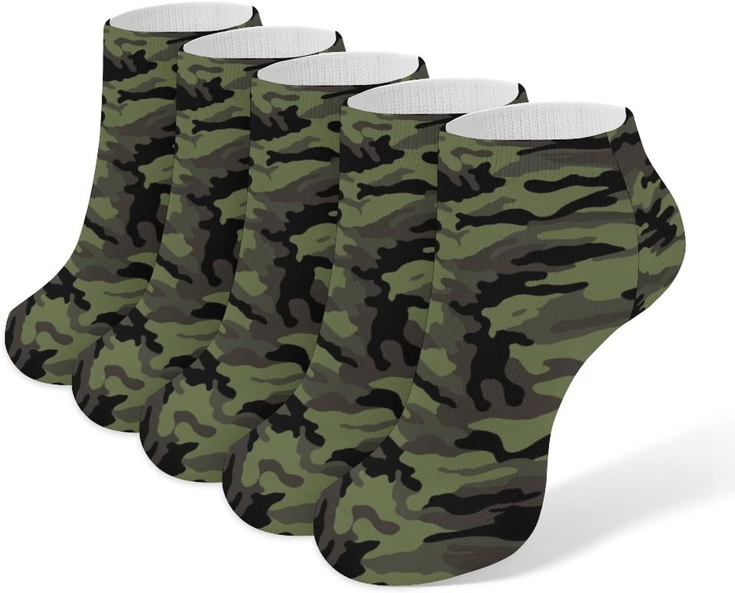 Army Green Camouflage Ankle Socks Soft No Show Socks Cushion Low Cut Socks 5 Pairs for Men Women