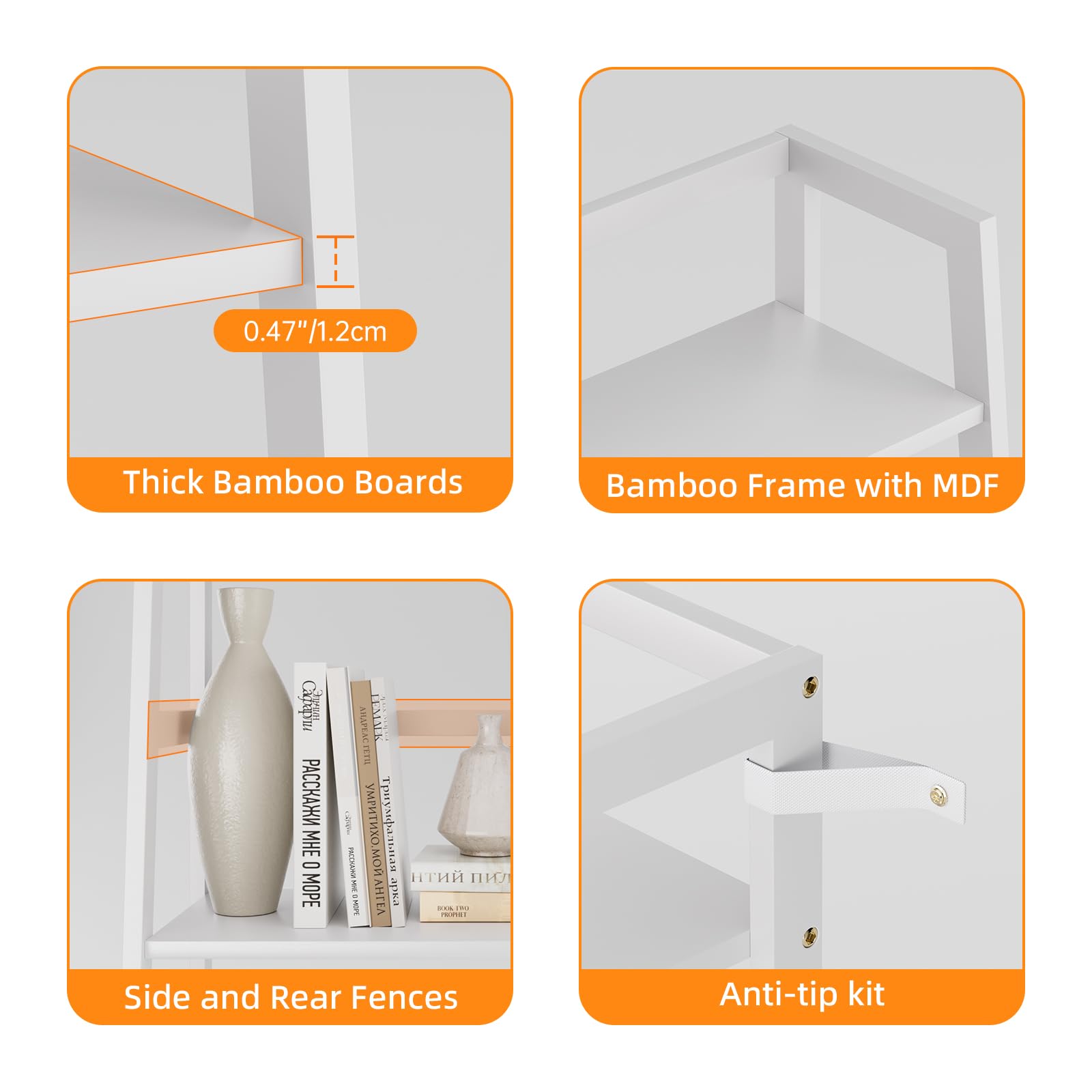 HITNET Scaffale a scala, Libreria in bambù a 4 livelli Indipendente Scaffale portaoggetti da pavimento per Bagno Cucina, Bianco