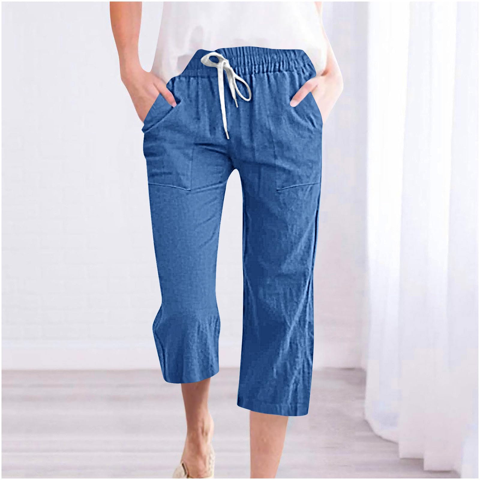 Cropped Pants for Women 2025 Summer Drawstring Elastic High Waist Casual Capris Straight Wide Leg Cotton Linen Slack(Navy,X-Large)