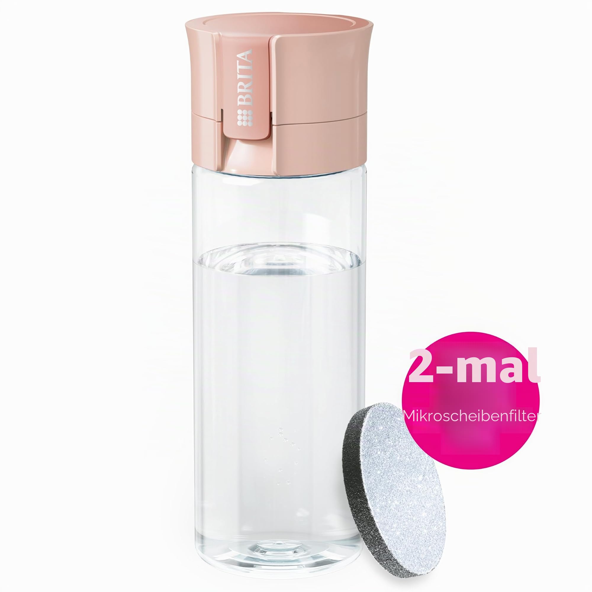 BRITA Wasserfilterflasche Modell Vital Rosa (600 ml) mit 2 MicroDisc-Filtern, um überall hydratisiert zu werden, entfernt Chlor, Verunreinigungen, Hormone und bewahrt Mineralien.