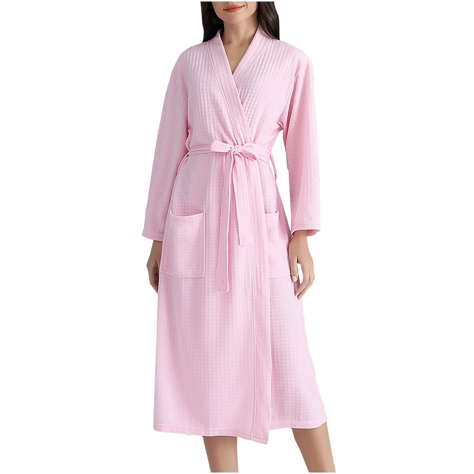 Terry Cloth Robes for Women Soft Waffle Bathrobes Casual Knee Length Sleepwear Solid Color Spa Hotel Robe