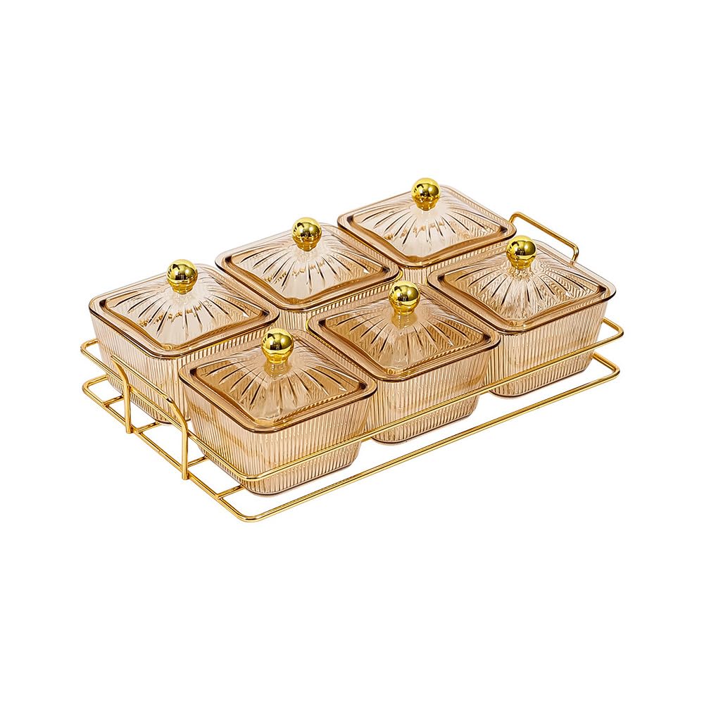 6Pcs Nut and Candy Serving Tray, Divided Snack Serving Bowls, Plastic Compartment Appetizer Food Display Dish Platter with Lid Tray and Handle for Fruit Nuts Snacks Candy,Gold