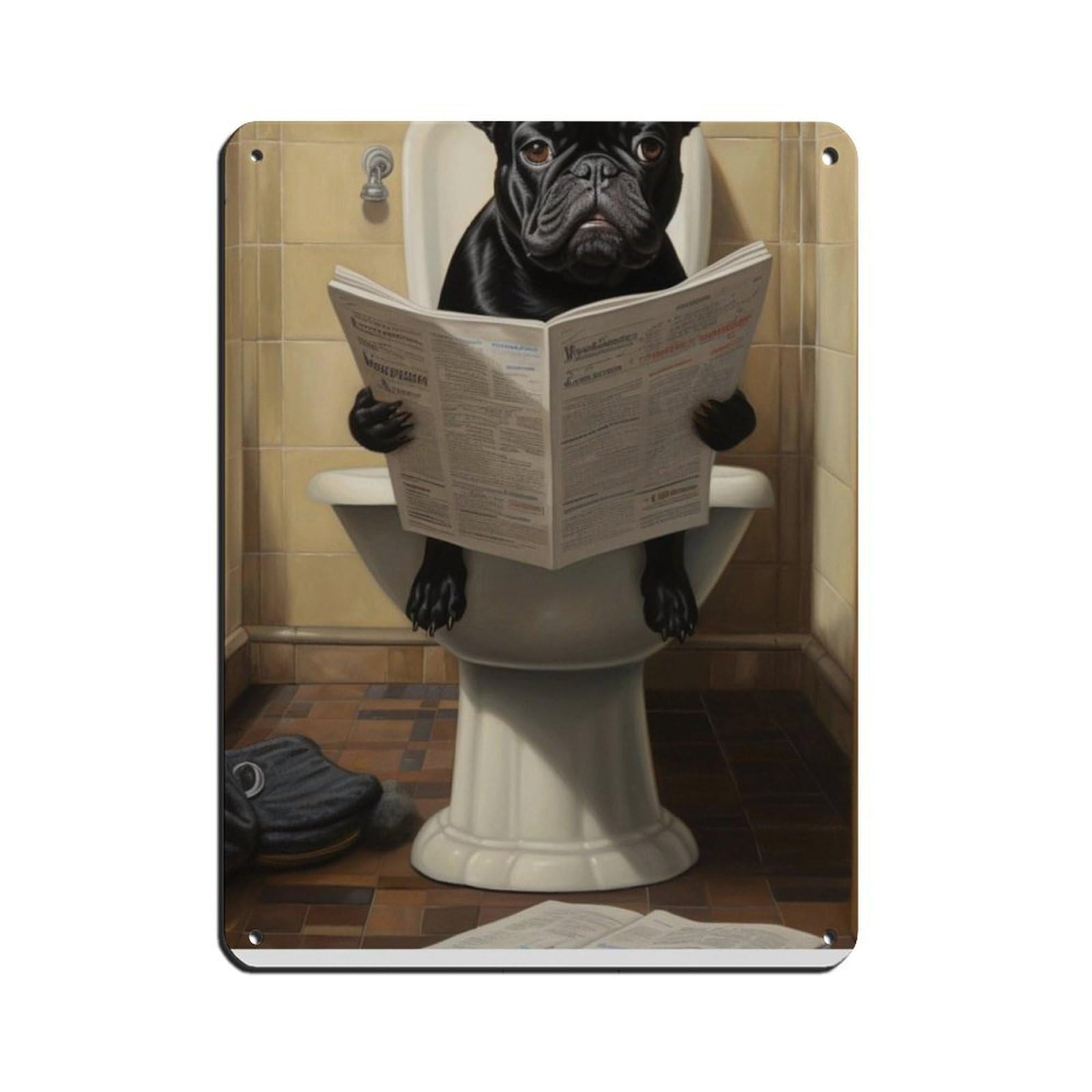 Black French Bulldog on Toilet Art Tin Sign Vintage Metal Pub Club Cafe Bar Home Wall Art Decoration Poster Retro 12x16inch(30x40cm)