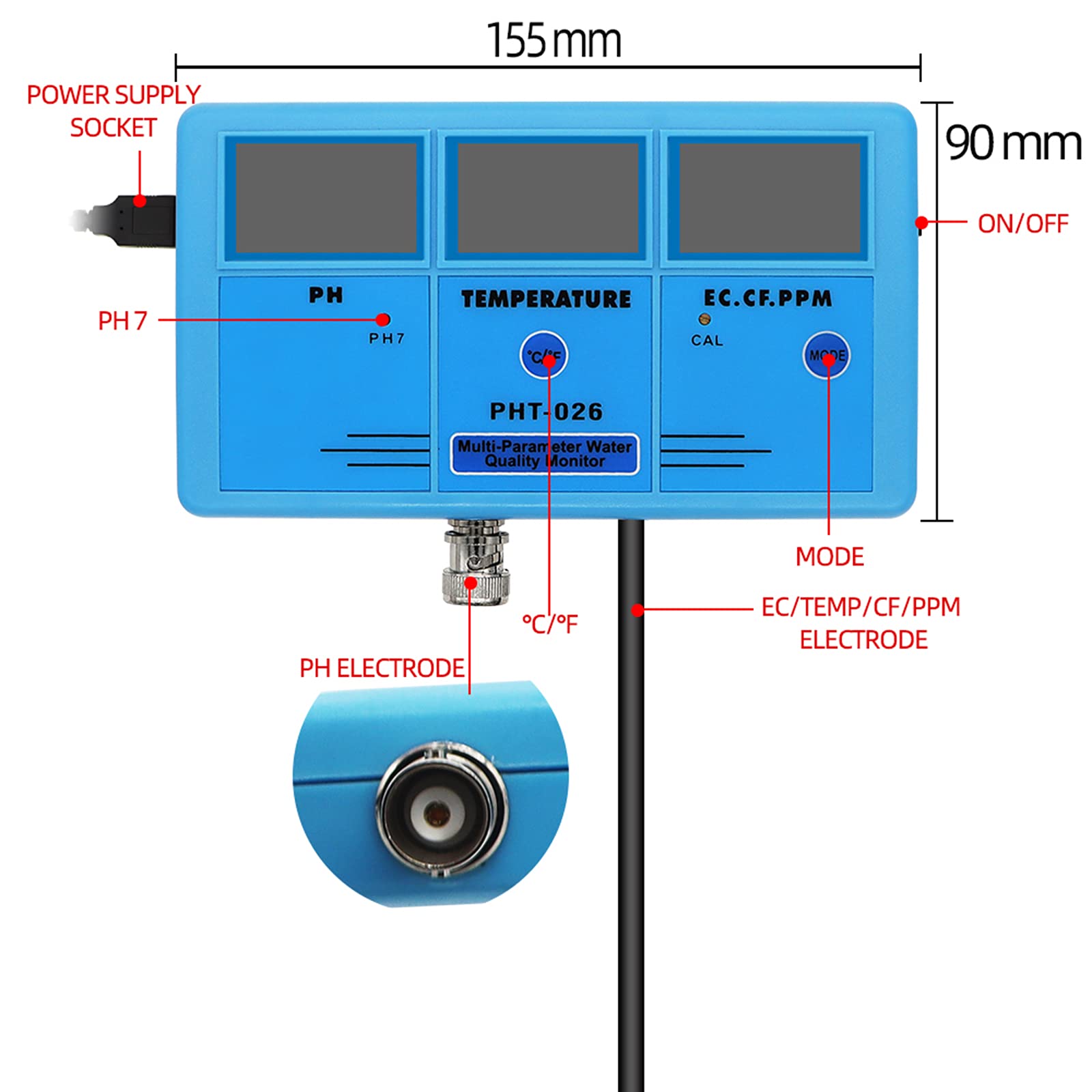 Monitor de Calidad del Agua multiparamétrico Medidor de pH TDS Detector de conductividad de Temperatura Herramienta de análisis de medición de acuarios