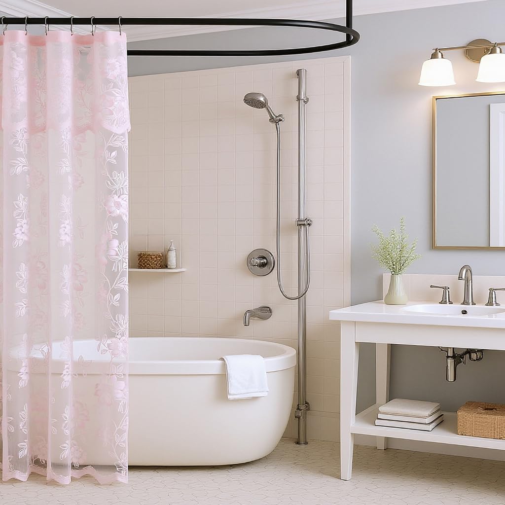 FINECITY Ivory Lace Shower Curtain for Bathroom, Rustic Vintage Lace Shower Curtain with Attahced Valance, Sheer Shower Curtain Panel, 72 x 72 Inch, 1 Panel, Ivory