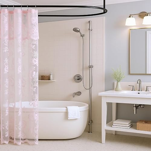 Miniatura 9 de FINECITY Cortina de ducha de encaje pequeño blanco, 1 panel, 36 pulgadas de ancho x 72 pulgadas de largo, cortina de encaje transparente con patrón