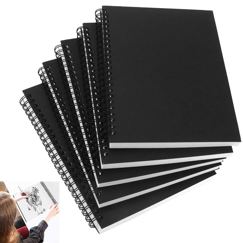 ADERTOS 5 PCS Cuaderno de Bocetos A5, Bloc Dibujo A5, Cuaderno de Dibujo Notas con Espiral, Cuaderno de Dibujo Profesional, Cuaderno Negro en Blanco para Dibujo Escritura Libreta Diario (50 Hojas)