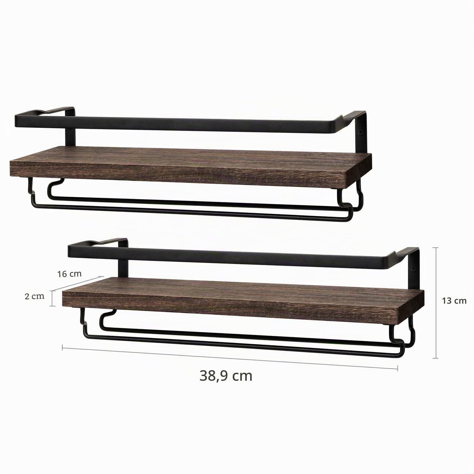 Mkono Wandmontierte Weinregale 2er Set Holz Rustikale Weinflasche Glas Schwimmregale mit Stemware Aufhänger Moderne Weindisplay Aufbewahrungshalter für Küche Esszimmer Bar, schwarz
