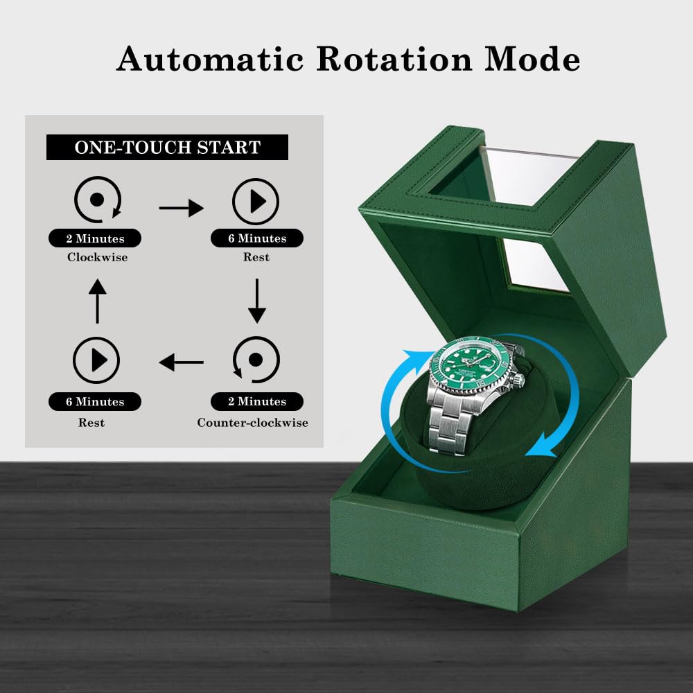 Automatic Single Watch Winder with Quiet Japanese Motor, in Wood Shell and Black Leather (Green)