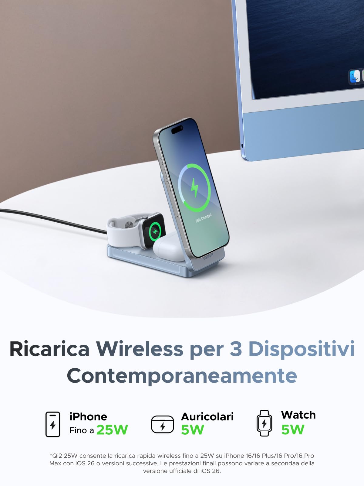 UGREEN MagFlow 3 in 1 Qi2 25W Caricatore Wireless per iPhone 16, Stazione di Ricarica Magnetico Pieghevole Compatibile con MagSafe iPhone 17 Pro Max Air/16/15/14/13/12, AirPods 4 3 Pro 2 iWatch