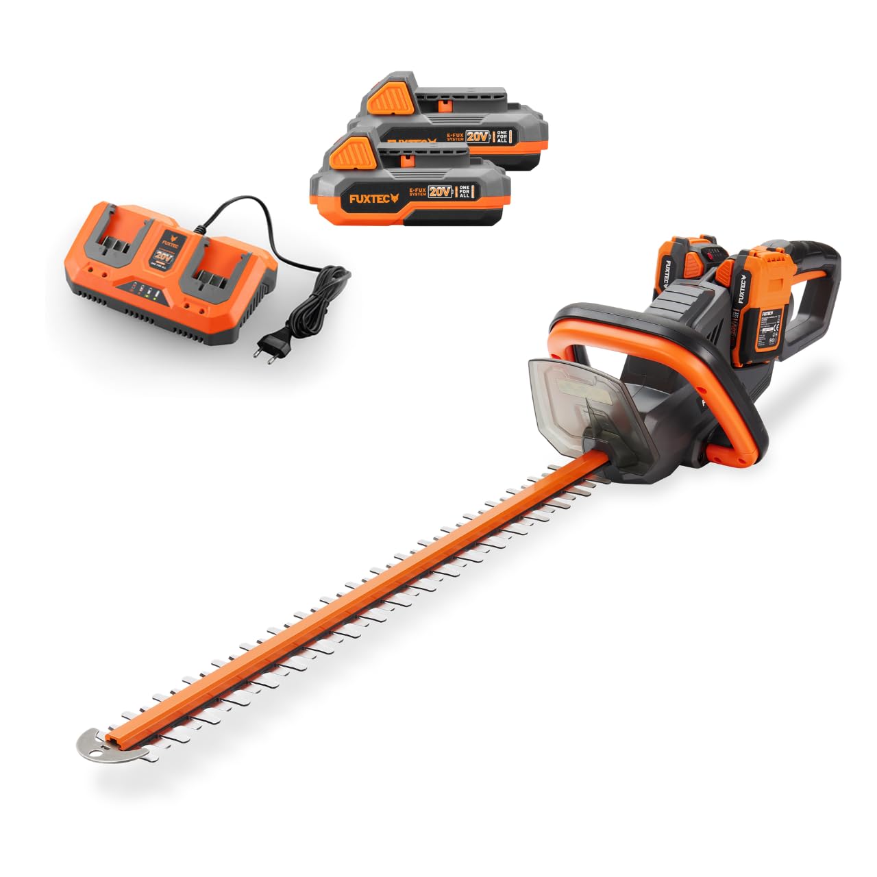 FUXTEC 40V Akku Heckenschere FX-E2HSSET • 61cm Schnittlänge • 26 mm Schnittstärke • 2X 20V Li-Ion Akku • Drehbarer Griff • Elektrische Bremse • Heckentrimmer für Sträucher und Hecken