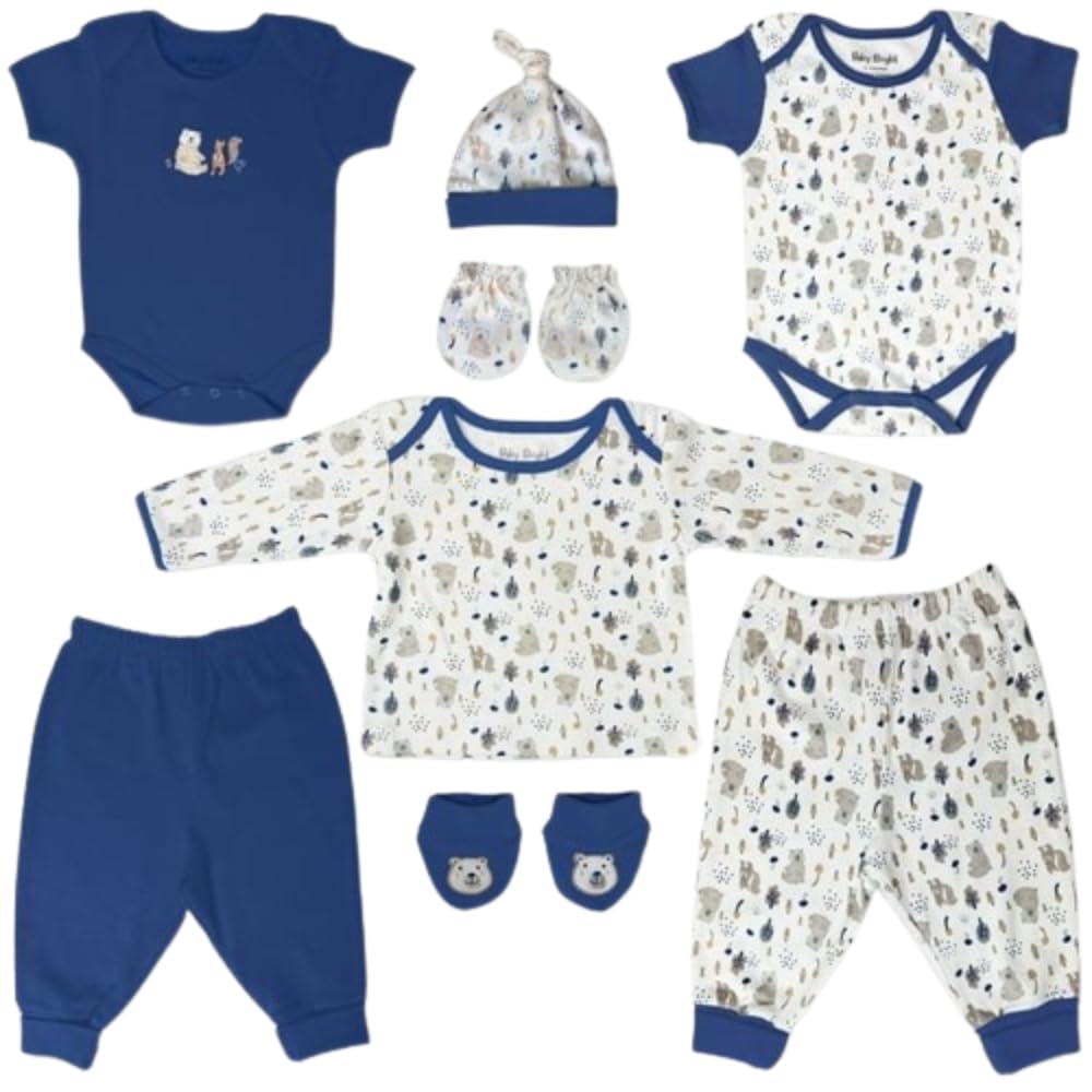 Baby Bright 8 Piece Layette Set for Baby Boys Made of Soft Cotton for 0-3 Months Blue