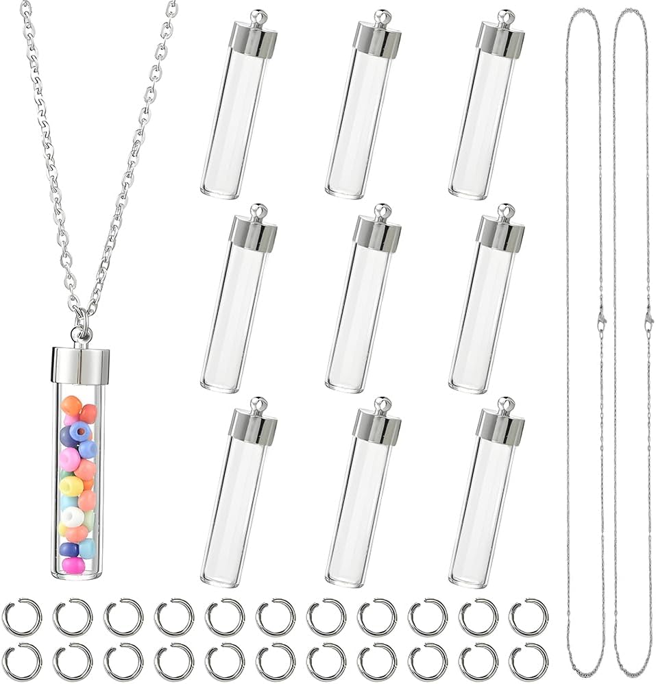 SUNNYCLUE 1 Box 64Pcs DIY 12 Sets Vial Necklace Kit Vial Necklaces Mini Glass Bottle Charms Wishing Bottles 304 Stainless Steel Chains for Jewelry Making Kits Memorial Keepsake Perfume Hair Mud Holder